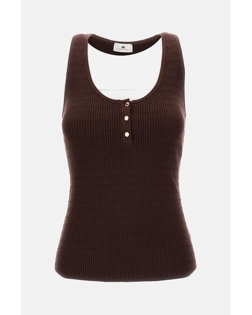 Elisabetta Franchi Brown Ribbed Knit Top With-Tone Button Detail