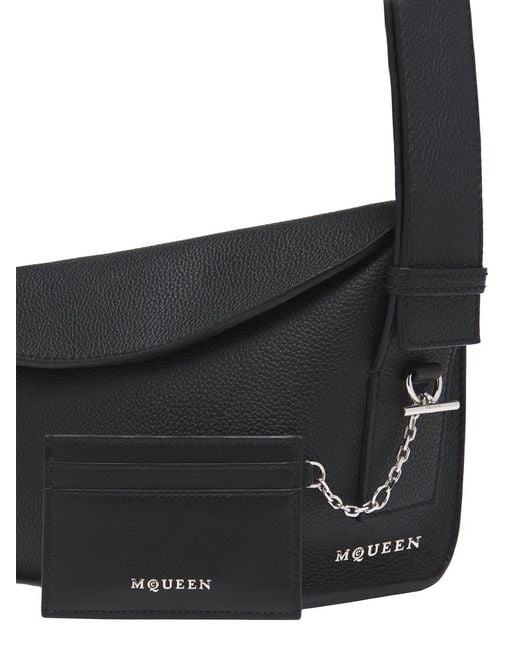 McQueen Black Leather Card Holder Sling Main: Wallets & Purses