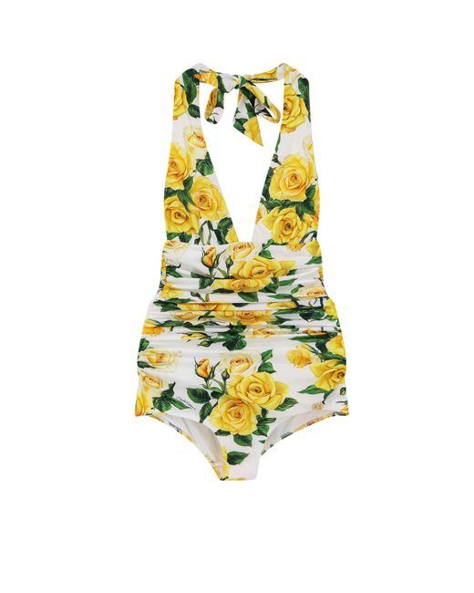 Dolce & Gabbana White One-Piece Swimsuits With Flower Print