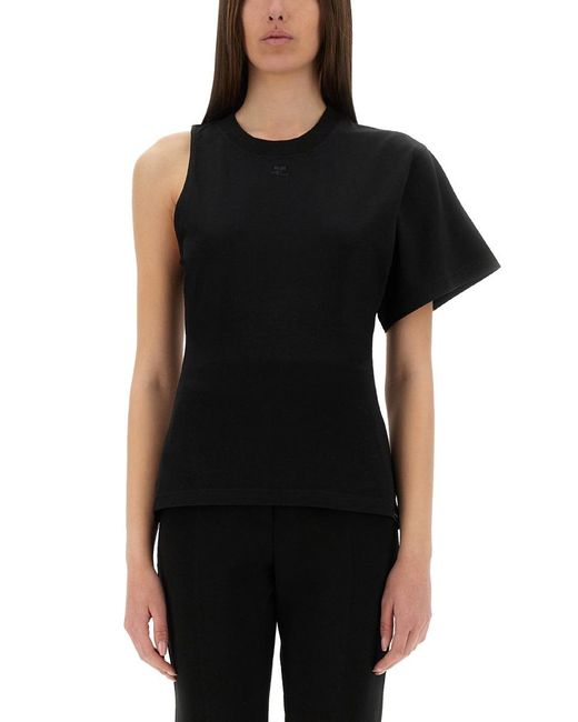 Courreges Black One-Shoulder T-Shirt Scuba Cotton T-Shirts