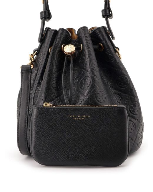 Tory Burch Black T Monogram Pebble Leather Bucket Bag