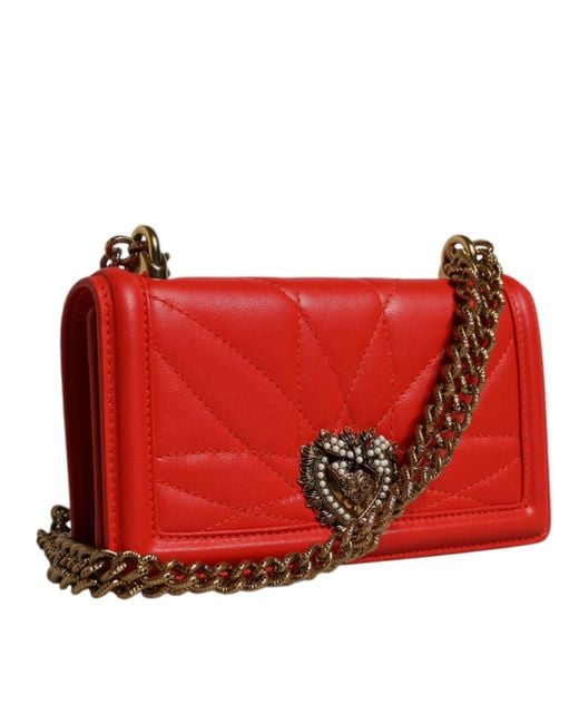 Dolce & Gabbana Red Quilted Devotion Crossbody Chain Phone Cover Bag Lamb Leather