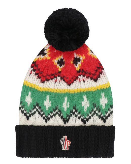 3 MONCLER GRENOBLE Red Knitted Wool Hat With Pom-pom