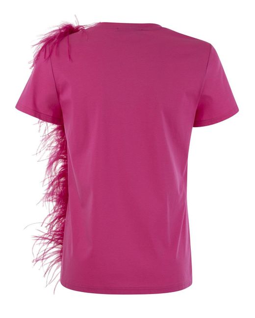 Max Mara Studio Pink Lappole Jersey T Shirt With Feathers
