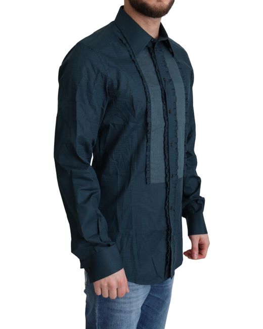 Dolce & Gabbana Blue Elegant Ruffled Tuxedo Shirt Cotton for men