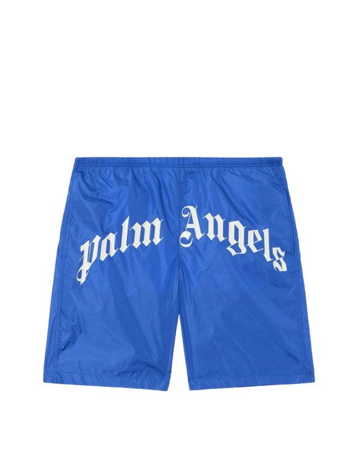 Palm Angels Blue Curved Logo Swimshorts for men