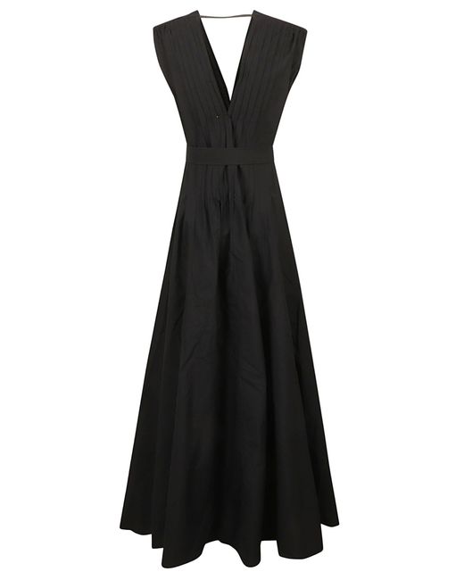 Brunello Cucinelli Black Belted Waist V-neck Sleeveless Flare Dress