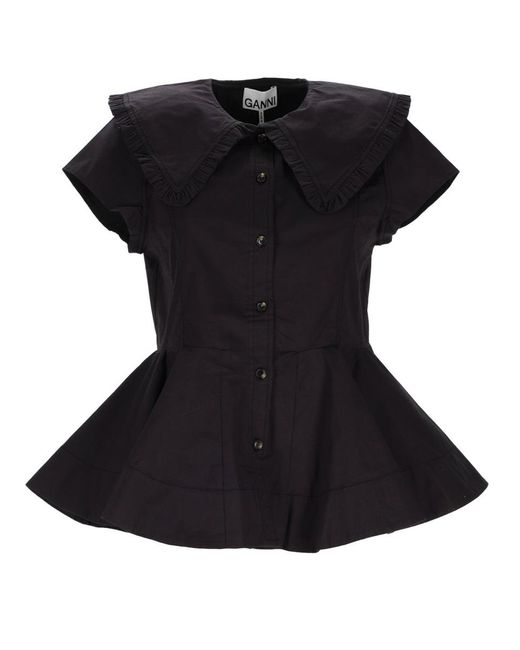 Ganni Black Ruffle Shirt Organic Cotton Elastane