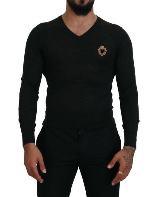 Dolce & Gabbana Black Cashmere V-Neck Sweater With Heart Embroidery for men
