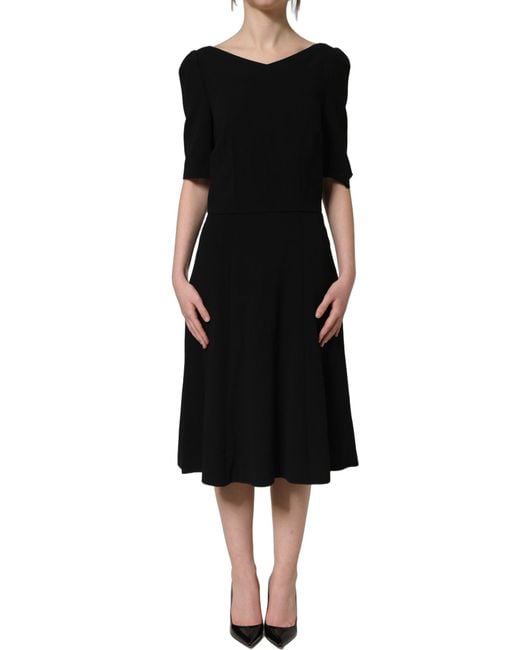 Dolce & Gabbana Black Viscose Short Sleeve A-Line Midi Dress Acetate Elastane