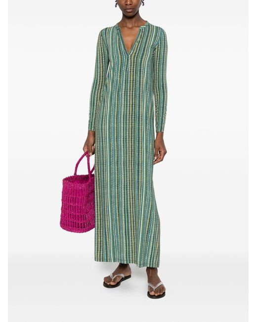 Siyu Green V-Neck Long Sleeves Split Hem Baez Kaftan Dress