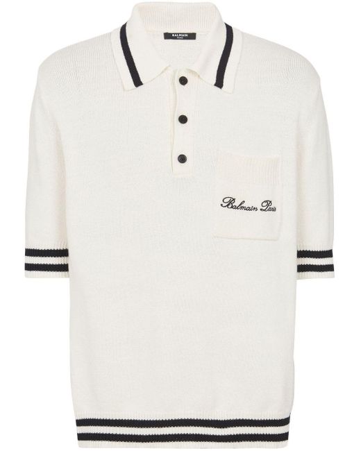Balmain White Polo Shirt With Embroidery for men