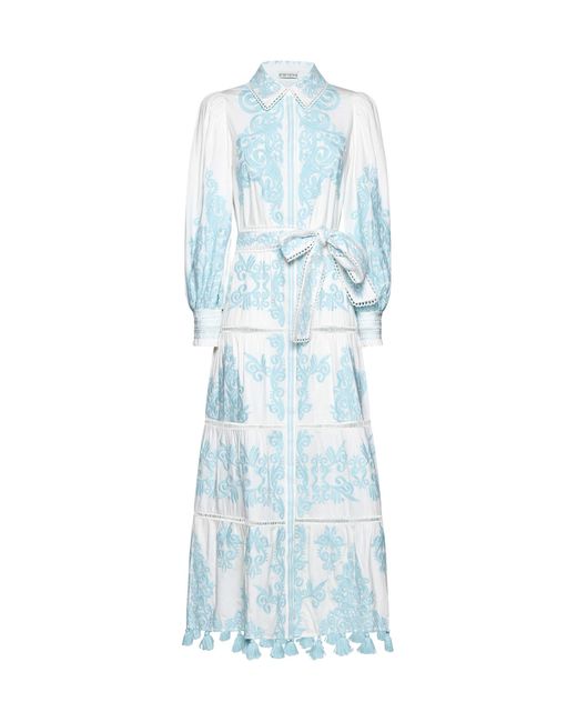 Alice + Olivia Blue Shira Embroidered Cotton Long Dress