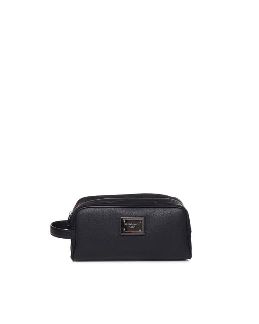 Dolce & Gabbana Black Toiletry Bag In Grained Calfskin And Nylon for men