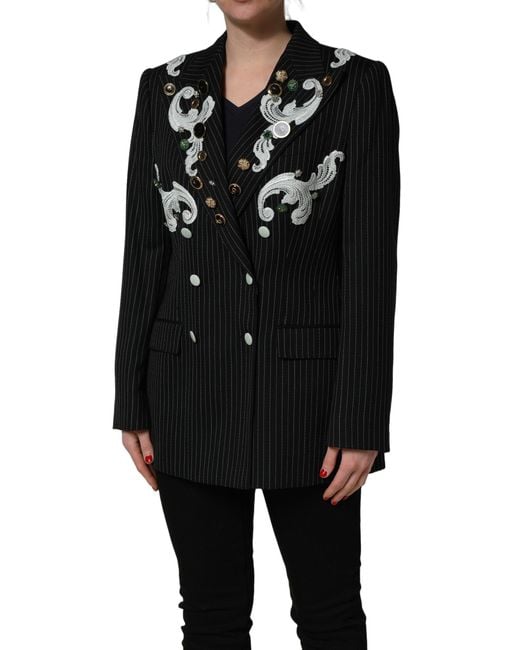 Dolce & Gabbana Black Stripe Double-Breasted Blazer Jacket Elastane Virgin Wool Clothing