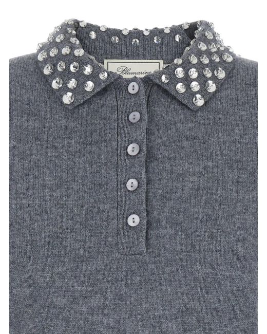 Blumarine Gray Polo Shirt With Collar Beaded