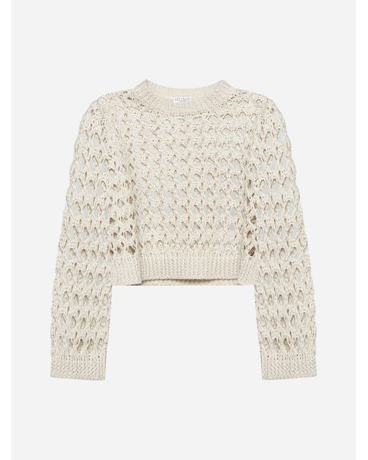 Brunello Cucinelli White Crochet Knit Cropped Sweater