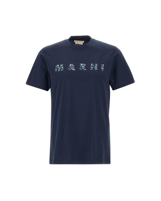Marni Blue Floral Logo Cotton T-Shirt for men