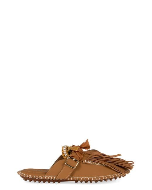 13 09 SR Brown Puli Leather Mules Crystal Slippers