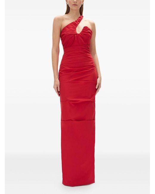 Rachel Gilbert Freda Stretch Paper Taffeta Long One-Shoulder Dress With Curved U-Shaped Bust Line