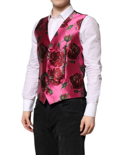 Dolce & Gabbana Red Floral Satin Formal Waistcoat Vest for men