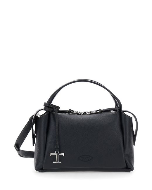 Tod's Black Shoulder Bag Calf Leather With T Plaque