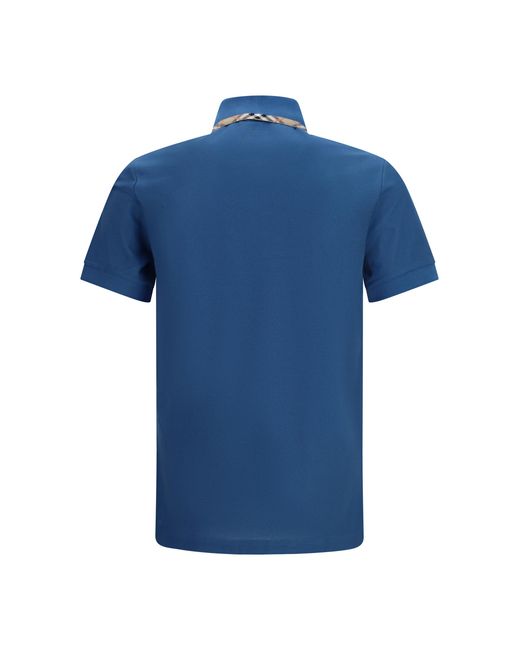 Burberry Blue Cotton Polo With Check Trims Shirts for men