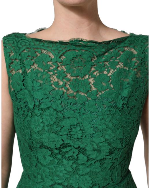 Dolce & Gabbana Green Floral Lace Cotton Sleeveless Midi Dress