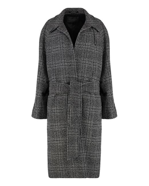 Balenciaga Black Wool Long Coat With Check Motif