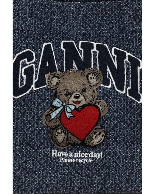 Ganni Blue Medium Denim Tote Bag With Bear Cotton Shoulder