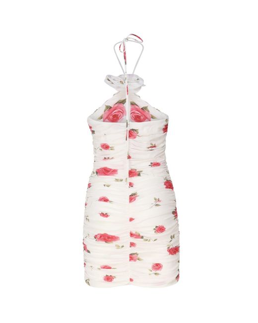 Magda Butrym Pink Wrap Dress With Ruched Floral Applique And Cream Print