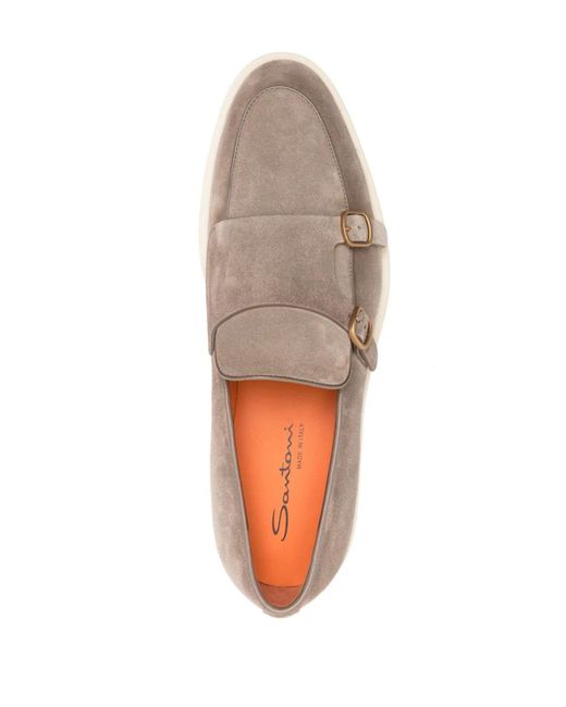 Santoni White Taupe Calf Suede Monk Shoes for men