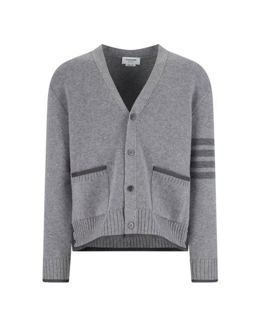 Thom Browne Gray Cardigan With V-Neckline And Signature Stripes for men