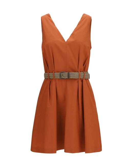 Brunello Cucinelli Brown Pleated Dress With Rope Belt Cotton; Polyamide