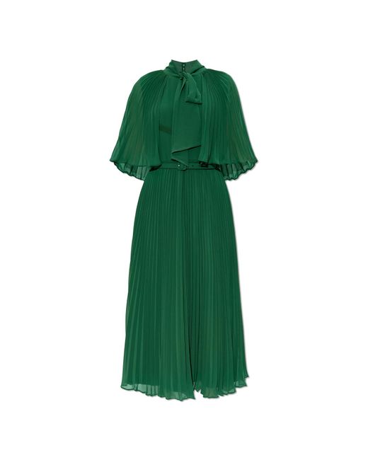 Self-Portrait Pleated Dress With Bow in Green | Lyst