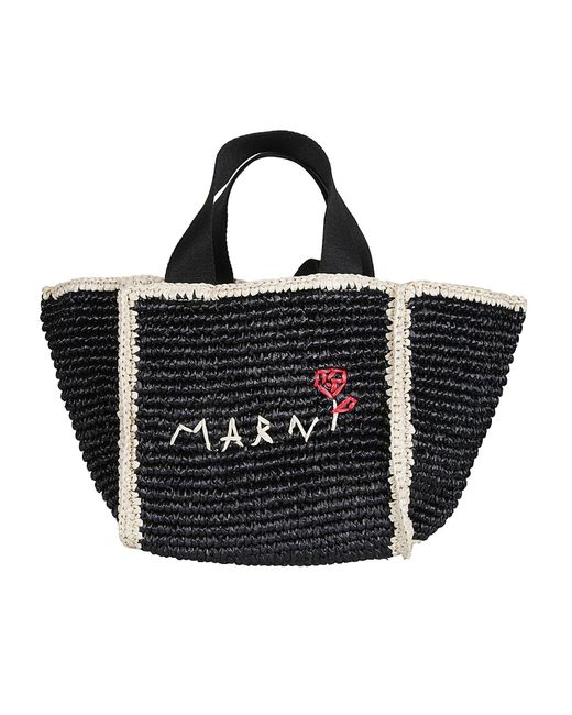 Marni Black Logo Embroidered Woven Top Handle Tote