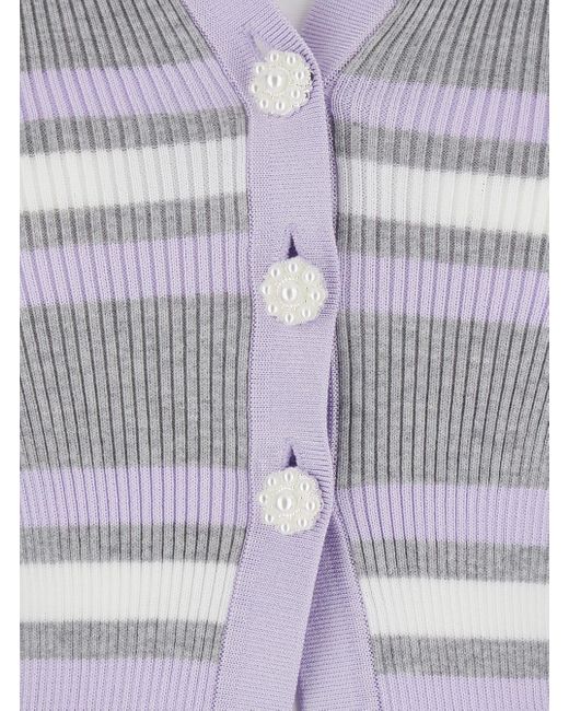 Self-Portrait Blue Cardigan With Spread Collar And All-Over Striped Mo