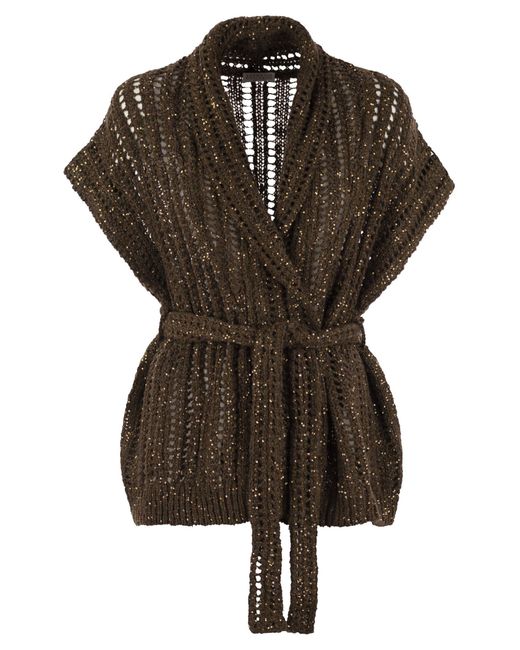 Brunello Cucinelli Brown Dazzling Silk And Linen Perforated Rib Cardigan