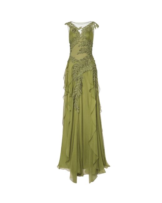 Alberta Ferretti Green Silk Closure With Zip Lined High Collar Dresses