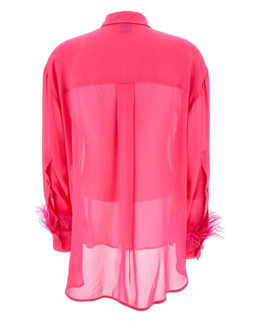 Pinko Pink 'Circe' Fuchsia Semi-Sheer Shirt With Feathers On Cuffs