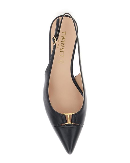 Twinset Metallic Nera Pointed Toe Leather Pumps Fabric Heels
