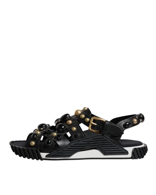 Dolce & Gabbana Black Leather Studded Slides Sandals Shoes Calfskin for men