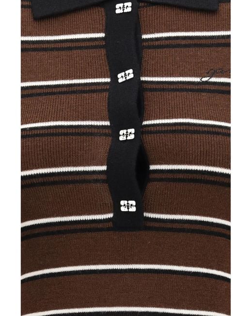 Ganni Brown Striped Wool Polo Dress Ovis Aries