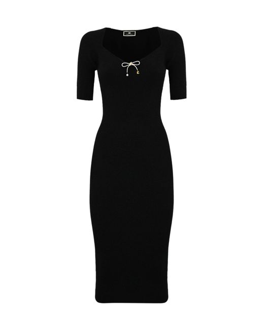 Elisabetta Franchi Black Wool Dress With Jeweled Bow