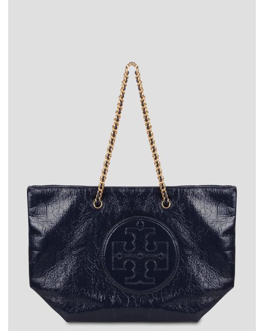 Tory Burch Blue Ella Patent Leather Tote With Chain