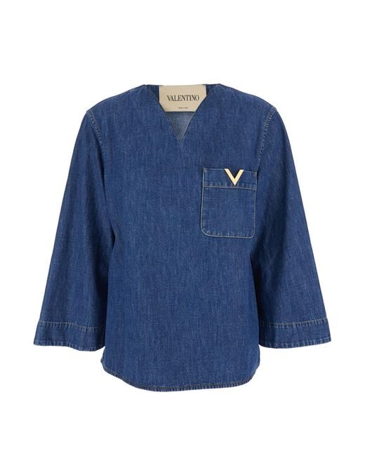 Valentino Blue Blouse V-Neck Cotton Blouses