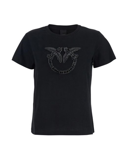 Pinko Black Crewneck T-Shirt With Love Birds Logo With Beads On Front