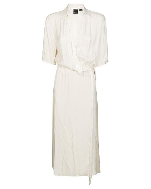 Pinko White V-neck Twill Midi Dress