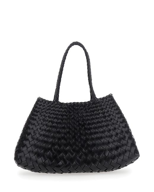 Dragon Diffusion Black Santa Croce Shoulder Bag With Two Top Handles And Ecoleather Woven Design For Leather