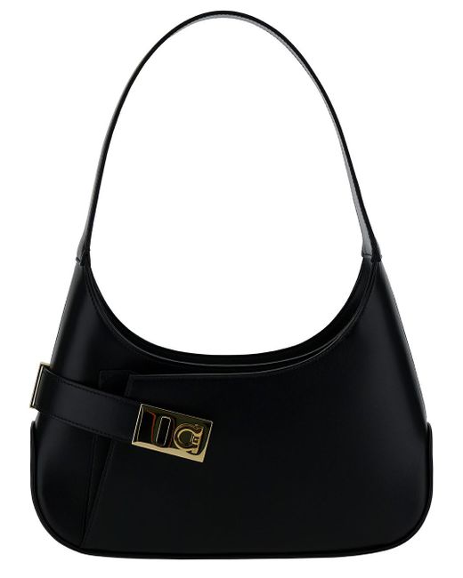 Ferragamo Black Hobo Shoulder Bag With Asymmetric Pocket And Gancini Buckle In Leather Woman